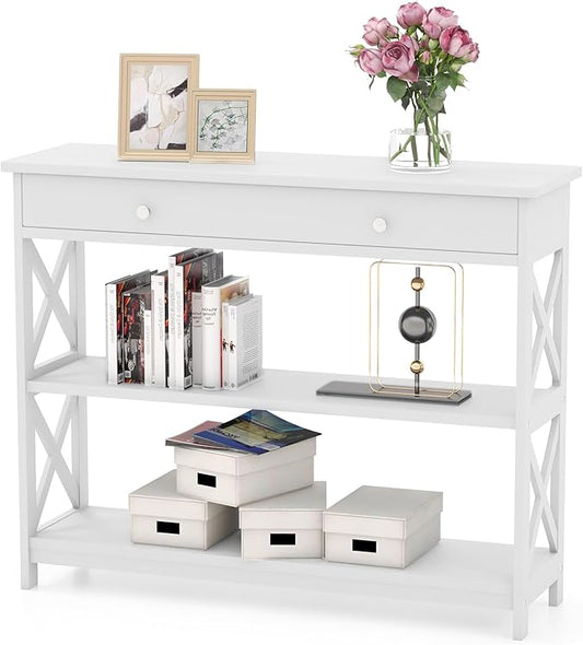 GOFLAME 39" Console Sofa Table with Drawers, 3-Tier Narrow Entry Table with Storage Shelves for Living Room Behind Couch, Entryway, Hallway (White)-NeatNest