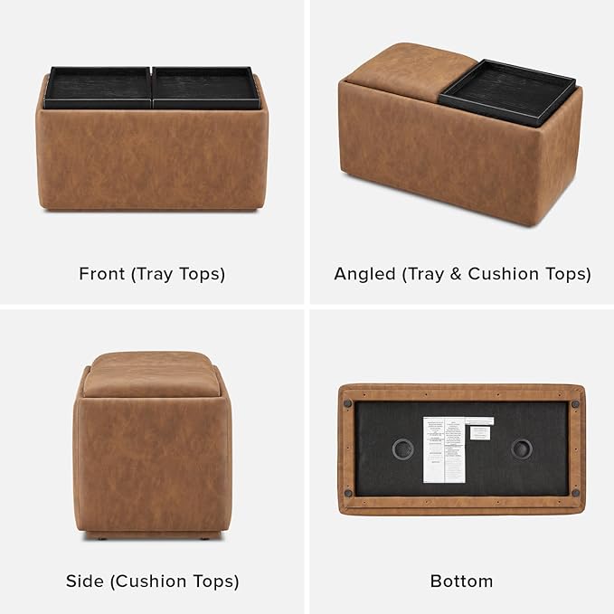 mopio Levi Storage Bench with Reversible Tray, Modern Storage Coffee Table, Bedroom Bench, Rectangular Cube Upholstered Coffee Table Ottoman for Living Room, Bedroom (Faux Leather, Pecan Brown)