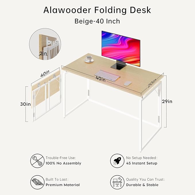 Folding Desk 40 Inch - Small Foldable Desk for Small Space Minimalist, Space Saving Collapsible Compact Desk Portable Table for Craft, Writing, Study and Work (No Assembly Required)-NeatNest
