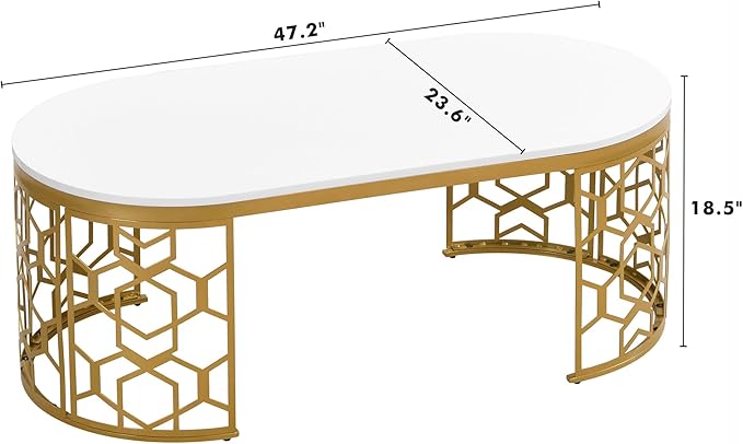 47.2" Modern Oval Coffee Table with Cut-Out Pattern Metal Stainless Steel Frame Multiple End Tables Sofa Table Utility Table for Living Room Office Bedroom Balcony, White & Gold