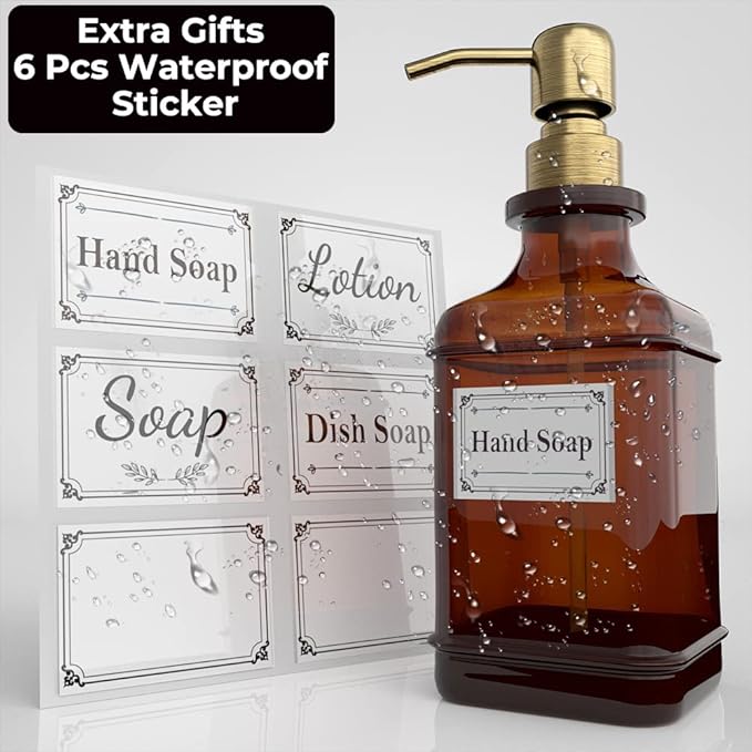 GLADPURE Soap Dispenser 2 Pack, Hand Soap Dispensers with 18 Oz Antique Design Thick Amber Glass Bottle, 316 Rust Proof Stainless Steel Pump, 6Pcs Stickers, for Lotion, Soap - Brushed Gold-NeatNest