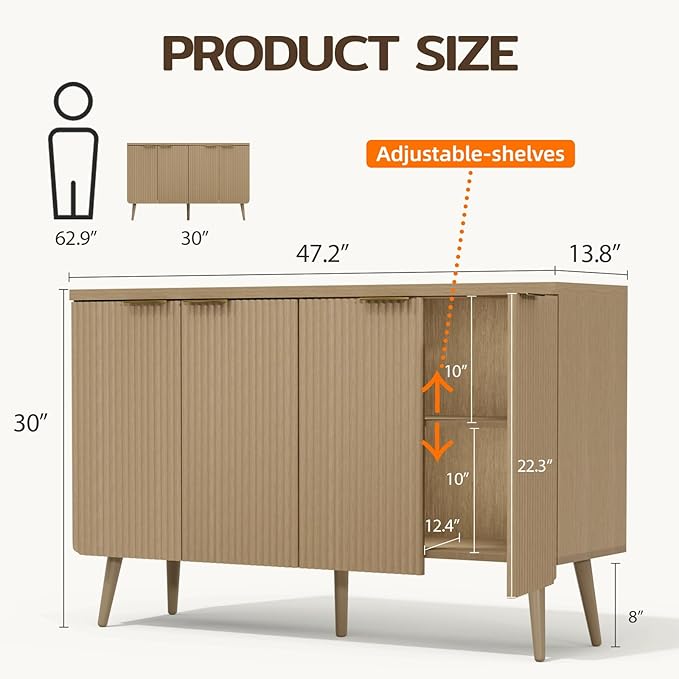 47.2" Sideboard Buffet Cabinet with Storage, Modern Fluted Accent Credenza with 4 Doors, Buffet Media Console Entryway Cabinet with Adjustable Shelve for Living Dining Room Hallway, Natual Oak-NeatNest