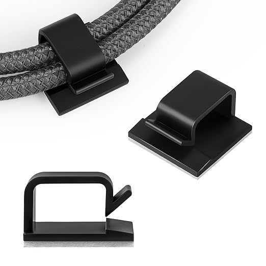63pcs Black Cable Management,Adhesive Cable Clips,Cord Organizer ID 0.49"x 0.31",Cord Clips for Wires on Wall,Under Desk,Nightstand,PC,TV,Outdoor Lights Strip,Plant Clips for Climbing Plants-NeatNest