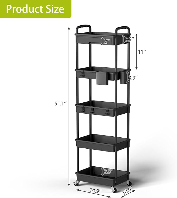 5 Tier Rolling Cart Organizer,Bathroom Cart Organizers with Wheels Laundry Room Organization Mobile Shelving Unit Utility Cart Storage Shelves Multi-Functional for Office, Home(Black)-NeatNest