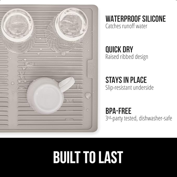 GORILLA GRIP 100% BPA-Free Patented Silicone Dish Drying Mat for Kitchen Counter, 18x16 Inch, Water Catching Ribbed Design, Easy Clean Waterproof Sink Liner, Heat Resistant, Fits Under Rack, Almond
