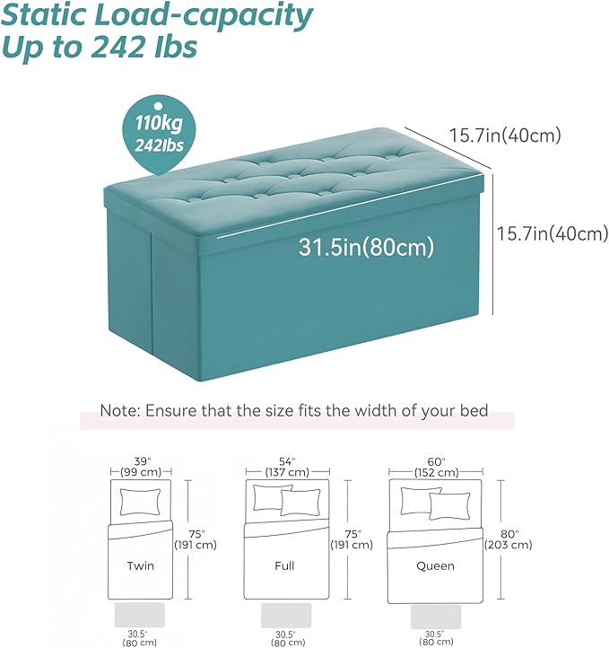 BRIAN & DANY Folding Storage Ottoman Bench, Ottoman with Storage, Foot Rest, Benches Seat for Bedroom, Living Room, Entryway, Long Shoes Bench, 15.7" x 31.5" x 15.7" Teal-NeatNest