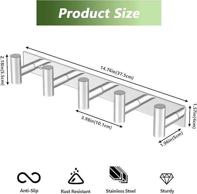 Wall Mounted Coat Rack-5 Hooks, Heavy Duty Stainless Steel Hook Rail for Towel Coat Hat Purse Bag Jacket, Towel Hooks for Entryway Bathroom Kitchen (Glossy 5 Hooks - 1 Pack)-NeatNest