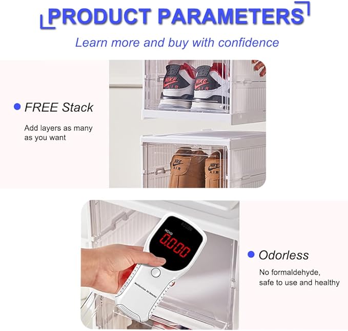Shoe Rack Shoe Storage Box Bins Clear Collapsible Plastic Installation-Free Size up to 14, Stackable Foldable Tote with Lids Organizing Dustproof 6-Tiers-NeatNest