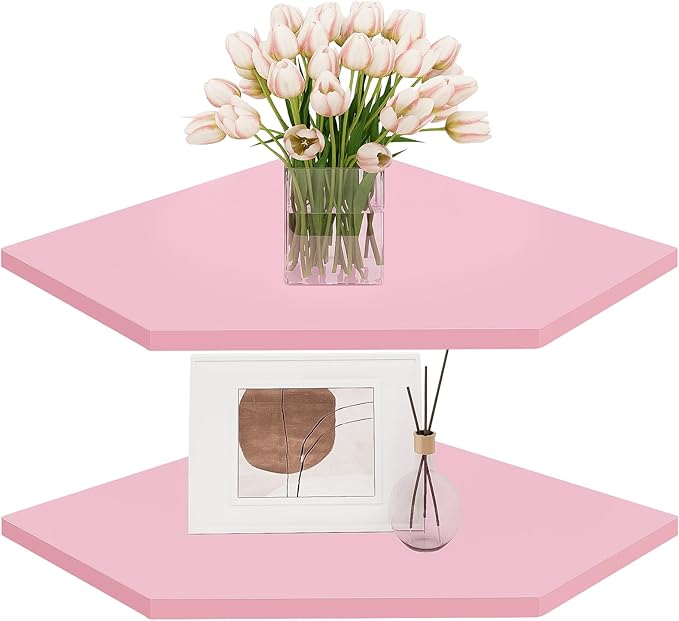 Homode Corner Floating Shelves, Corner Wall Shelf with Cord Hole, 2 Tier Wood Hanging Corner Shelf for Bathroom, Bedroom, Living Room, Pink-NeatNest