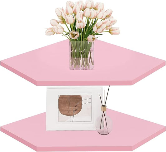 Homode Corner Floating Shelves, Corner Wall Shelf with Cord Hole, 2 Tier Wood Hanging Corner Shelf for Bathroom, Bedroom, Living Room, Pink-NeatNest