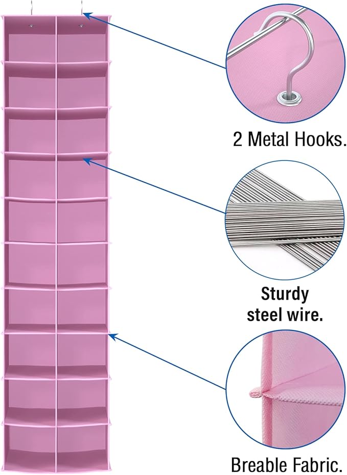 coastal rose Hanging Shoe Organizer for Closet, 20 Sections Hanging Closet Organizers and Storage Shelves, Space Saving Shoe Storage Rack Holder, Pink, 12''W×12''Dx 50''H-NeatNest