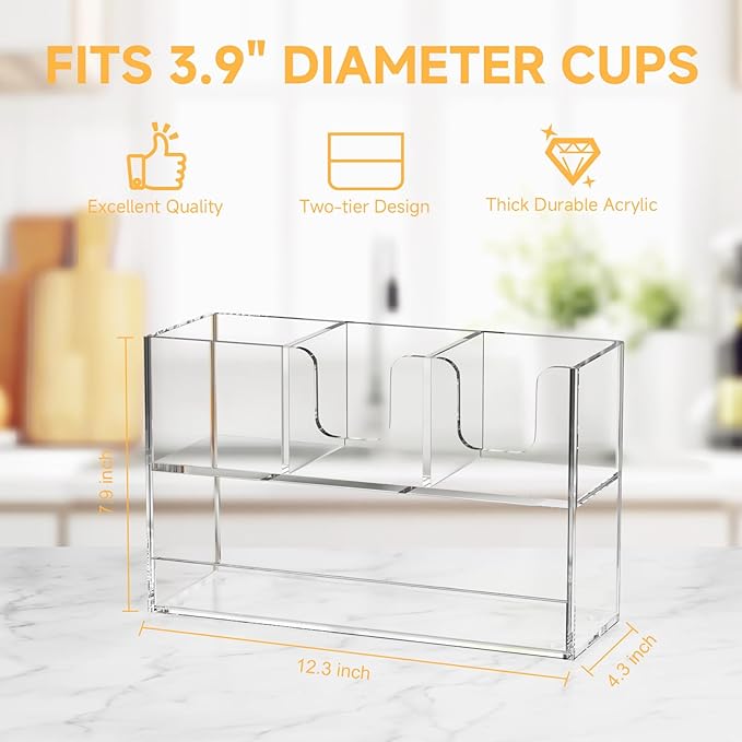 Coffee Condiment and Cup Organizer - 2-Tier Upright Cup and Lid Holder with Straw Organizer 4 Compartments Clear Acrylic Cup Dispenser for Restaurant Breakroom Coffee Station Countertop-NeatNest