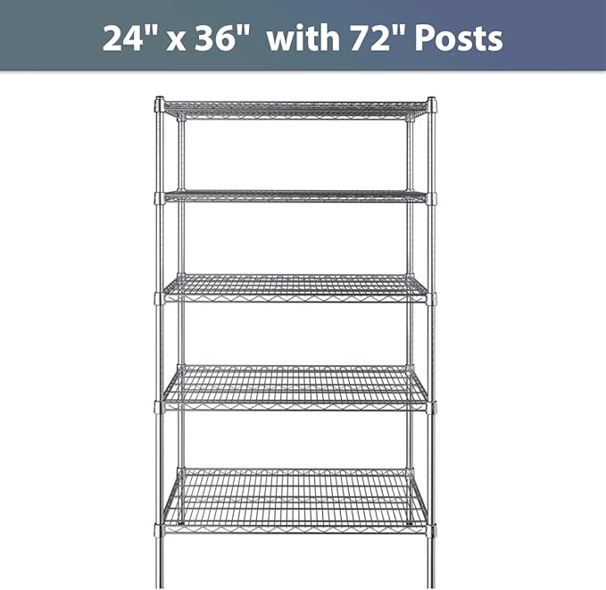 24" x 36" NSF Chrome 5-Shelf Kit with 72" Posts, Commercial Storage Rack Unit, Heavy Duty Storage Shelving, Wire Shelving Kit, Adjustable Rack Strong Steel, Multipurpose Wire Shelf