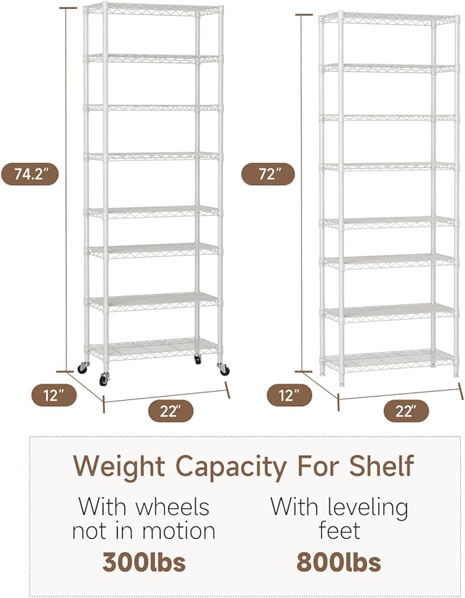 8 Tier Shelves Storage Shelf Wire Closet Bathroom Organizers Metal Pantry Kitchen Garage Shelving Unit Laundry Room Organization Home Rack Net Basket Black with Wheels 12”D X 22”W X 74.2”H