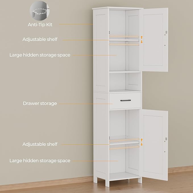 Homhedy 67" H Tall Bathroom Storage Cabinet with 2 Barn Doors and 1 Drawer, Narrow Storage Unit, Adjustable Shelves, Floor Cabinet for Bathroom, Living Room, Entryway, Kitchen, White, (15.7" W)