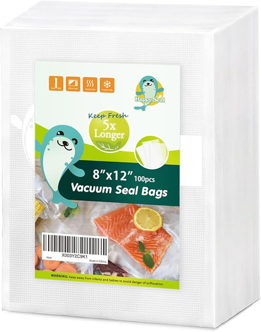 Happy Seal Vacuum Sealer Bags 8" x 12" 100 Quart Size for Food, Pre-cut Food Saver Airtight Vac Storage, Meal Prep or Sous Vide, Commercial Grade Vacuum Seal Freezer Bags-NeatNest