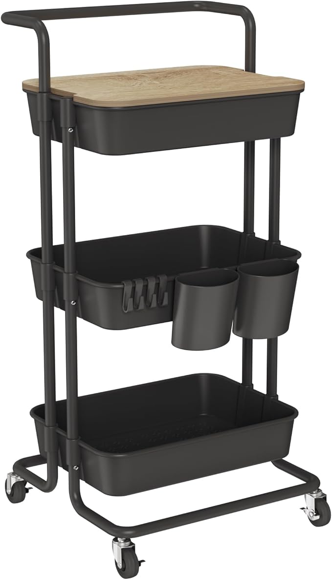 DTK 3 Tier Rolling Cart Uility Cart with Cover Board, Mobile Storage Cart with Wheels, Cups, Hooks for Office Utility Kitchen Bathroom Homeschool Art Craft Postpartum Teacher Cart Organizer(Black)-NeatNest