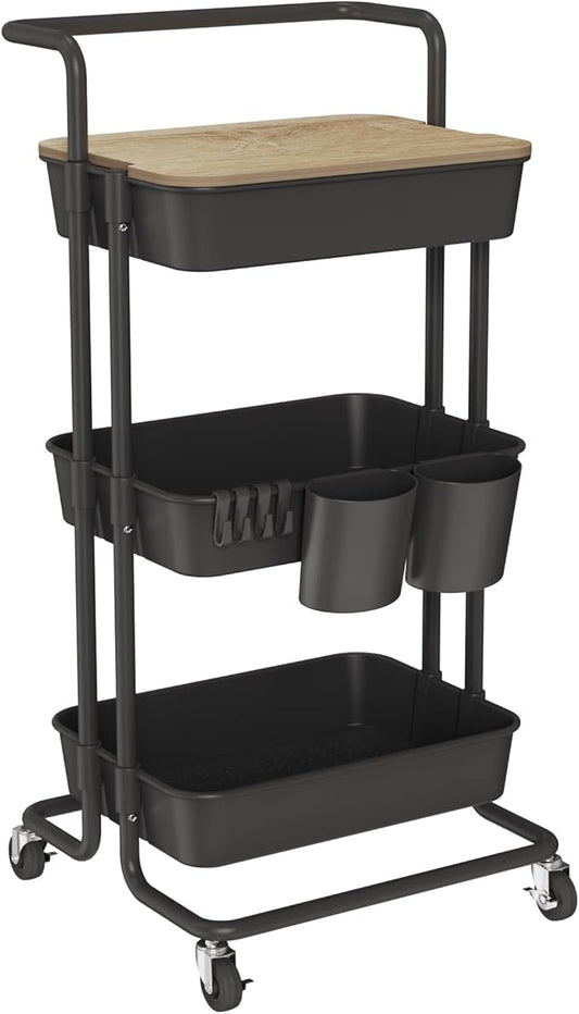 DTK 3 Tier Rolling Cart Uility Cart with Cover Board, Mobile Storage Cart with Wheels, Cups, Hooks for Office Utility Kitchen Bathroom Homeschool Art Craft Postpartum Teacher Cart Organizer(Black)-NeatNest
