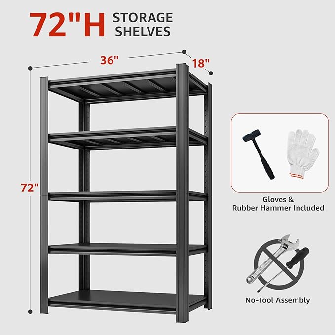 5 Tier Metal Shelving Unit, 72" H x 35.5" W Adjustable Storage Shelves, Heavy Duty Garage Shelves for Warehouse, Basement, Kitchen, Pantry, Living Room, 2500LBS, Black, 15.75" D-NeatNest