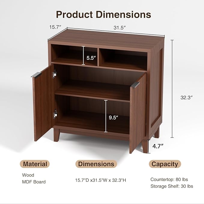 Buffet Cabinet with Storage - Elegant Fluted Storage Cabinet with Adjustable Shelves and Solid Wood Leg, Modern Buffet Sideboard for Living Room, Dining Room, Entryway-NeatNest