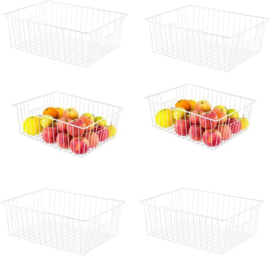 16" L x 12" W Wider Freezer Storage Organizer Baskets Container, Deep Metal Wire Chest Upright Refrigerator Divider Bins with Built-in Handles for Cabinet, Pantry, Closet, Kitchen, Pearl White
