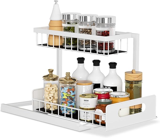 2-Tier Under Sink Slide Out Organizer, Pull Out Cabinet Storage Shelf with Sliding Wire Basket Drawer for Bathroom Kitchen, Countertop or Pantry Shelf, White-NeatNest