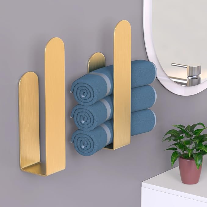 HUFEEOH 2 Pack Adhesive Hand Towel Holder, Kitchen Towel Rack Towel Bars Wall Mounted, Stainless Steel Bath Holder for Bathroom Hotel Kitchen (Gold, 8 Inch(2PC))