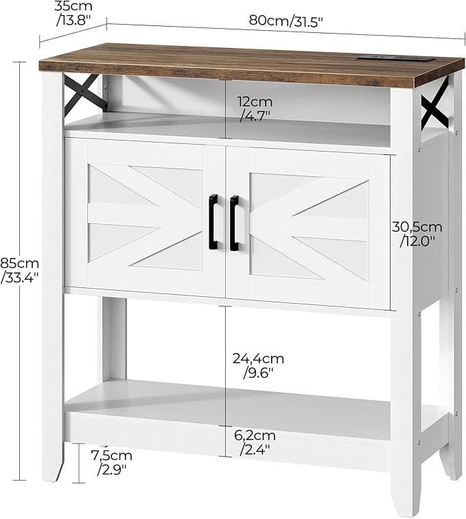 Console Table, Farmhouse Sofa Table with Power Outlet, Entryway Table with Cabinet and Open Shelves, Coffee Bar Cabinet with Storage for Entrance, Hallway, Kitchen, White and Walnut MXG01UWL-NeatNest
