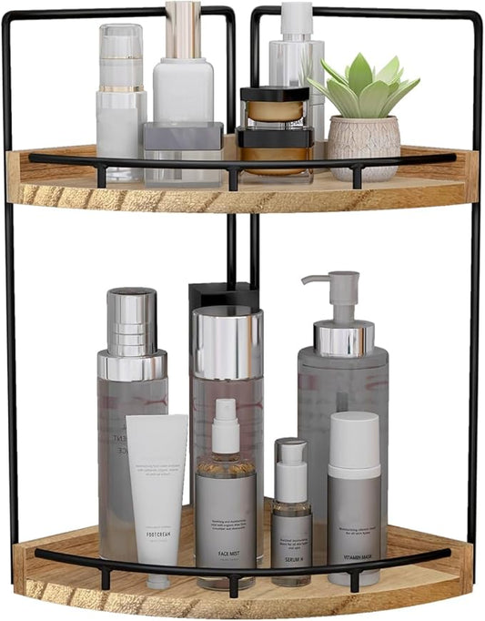 Dorhors 2-Tier Bathroom Counter Organizer,Vanity Counter Corner Shelf, Skincare, Wood Countertop Bathroom Storage and Organization for Kitchen (Brown)-NeatNest