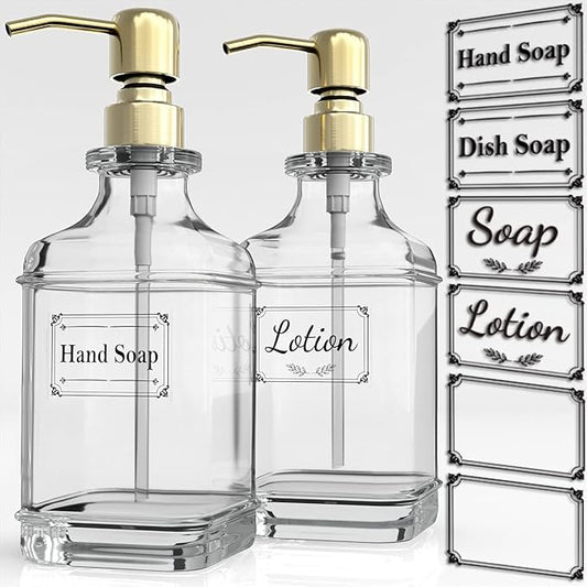 GLADPURE Soap Dispenser - 2 Pack, 18 Oz Antique Design Thick Glass Hand Soap Dispensers; with 304 Rust Proof Stainless Steel Pump, 6Pcs Clear Stickers, for Kitchen, Bathroom - Gold-NeatNest