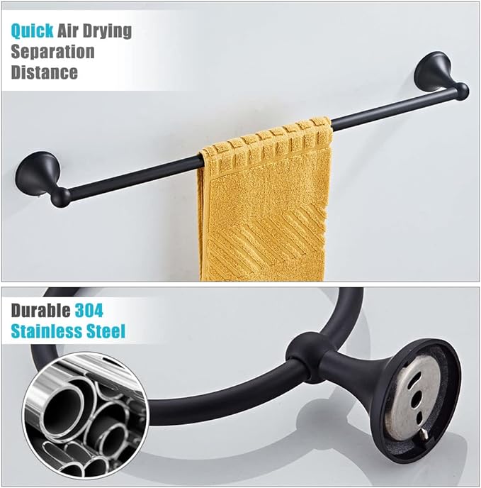 4 Piece Bathroom Accessory Set(Adjustable Towel Bar, Towel Ring, Toilet Paper Holder,Towel Hook), Wall Mounted Bathroom Hardware Accessories Set,Matte Black