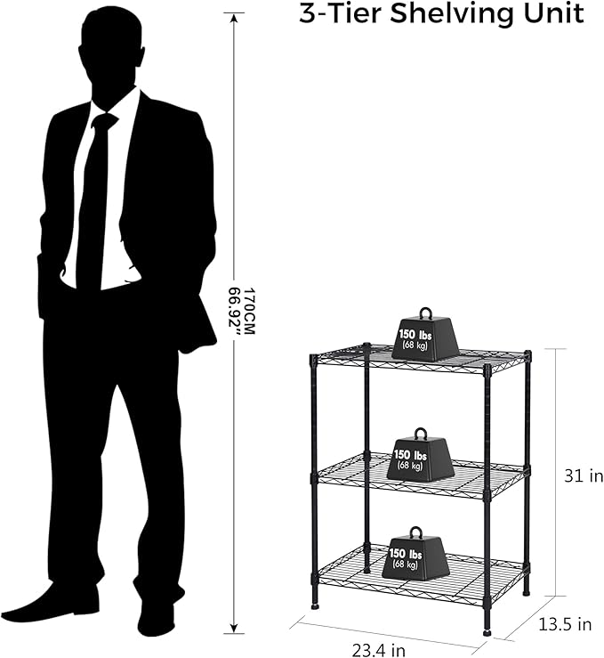 Homeiju 3-Shelf Storage Rack,Adjustable Height Metal Shelving Unit,Heavy Duty Storage Shelving Unit,Wire Rack Shelving,Garage Organizer for Home,Kitchen,Office,Pantry,Garage（13.5"D x 23.4"W x 31"H）