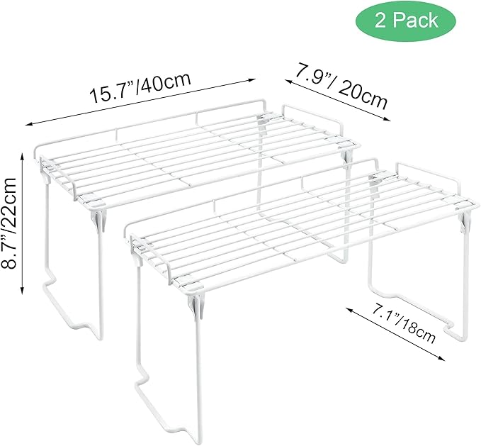iPEGTOP Stackable Cabinet Shelf Organizers, Set of 2 Kitchen Countertop Cupboard Storage Rack, Pantry Stand Shelves Space Saving for Kitchen, Bedroom, Bathroom, White-NeatNest