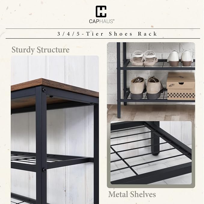 CAPHAUS 3-Tier Shoe Rack for Entryway, Mudroom Shoe Bench, Small Shoe Rack, Metal Shoe Shelf with Wood Board, Industrial Shoe Storage Table for Hallway, Living Room, Bedroom, Closet, Rustic Oak-NeatNest