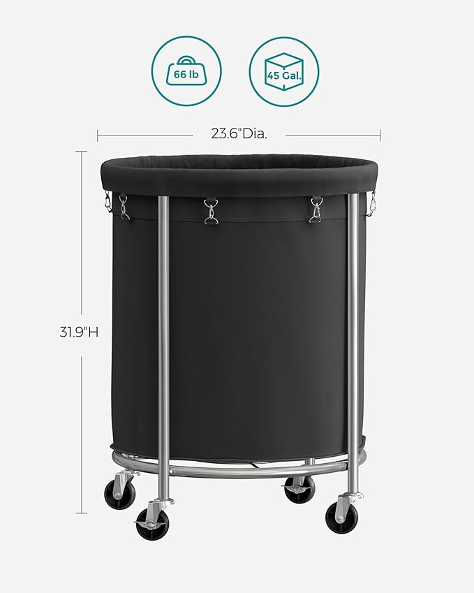SONGMICS Laundry Basket with Wheels, Rolling Laundry Hamper, 45 Gal., Round Laundry Cart with Steel Frame and Removable Bag, 4 Casters and 2 Brakes, Black and Silver URLS001B01