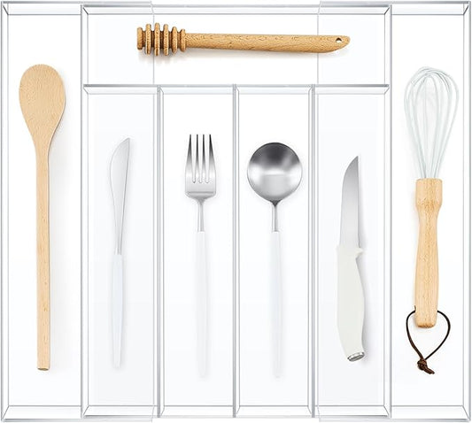 Expandable Kitchen Drawer Organizer Clear Acrylic Utensil Organizer Adjustable Acrylic Silverware Storage for Kitchen Drawers Silverware Flatware Knives(5-7 Compartments,12 x 16 Inches)