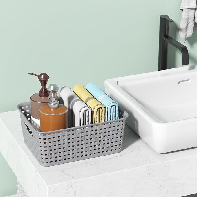 6 Packs Plastic Storage Baskets for Organizing Shelves Drawers Desktop, Small Pantry Organization, Grey