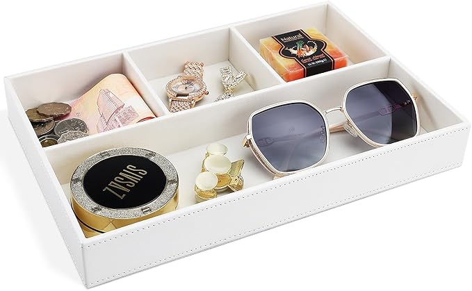 GORESE Faux Leather Valet Tray, Stackable Jewelry Trays for Dresser Table Drawer, Nightstand Organizer for Men Women, EDC Catch All Tray for Trinket, Key, Purse, Sunglass, Watch, Cologne, White-NeatNest
