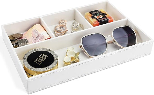 GORESE Faux Leather Valet Tray, Stackable Jewelry Trays for Dresser Table Drawer, Nightstand Organizer for Men Women, EDC Catch All Tray for Trinket, Key, Purse, Sunglass, Watch, Cologne, White-NeatNest