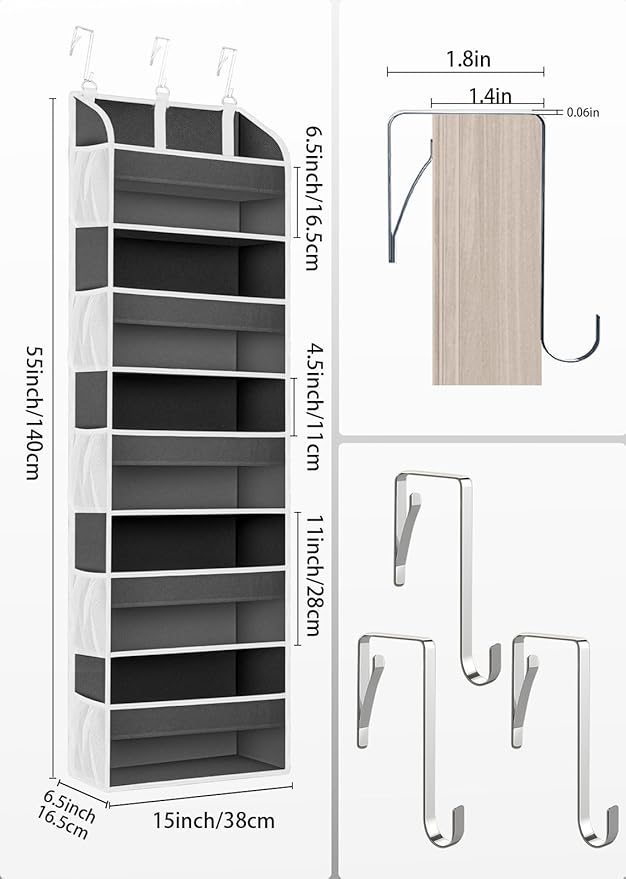 1 Pack Over The Door Organizer Storage, Hanging Organizer Closet with 5 Large Pockets 10 Mesh Pockets, 44 lbs Weight Capacity, Behind Door Storage for Nursery Bedroom Bathroom (Dark Grey)-NeatNest
