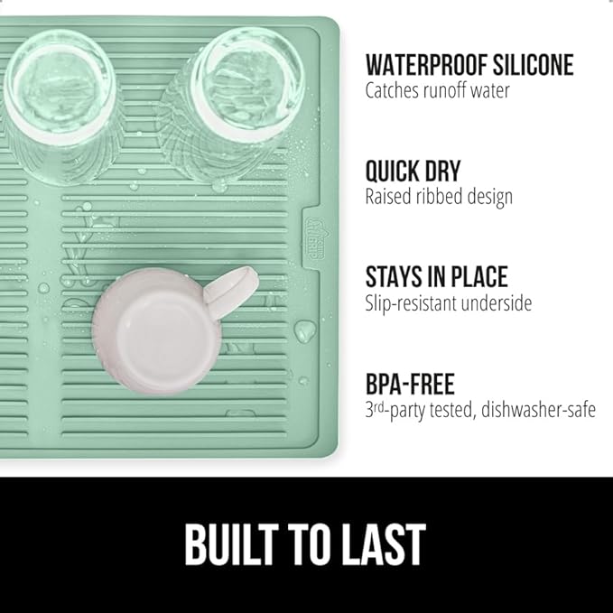 GORILLA GRIP 100% BPA-Free Patented Silicone Dish Drying Mat for Kitchen Counter, 18x24 Inch, Water Catching Ribbed Design, Easy Clean Waterproof Sink Liner, Heat Resistant, Fits Under Rack, Mint