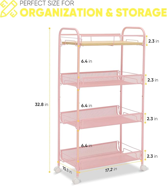 Sekey 4 Tier Rolling Cart Metal, Snap-Together Utility Cart on Wheels, Heavy Duty Storage Cart with Universal Wheels for Baby Nursery, Bathroom, Kitchen, Laundry Room, Pink