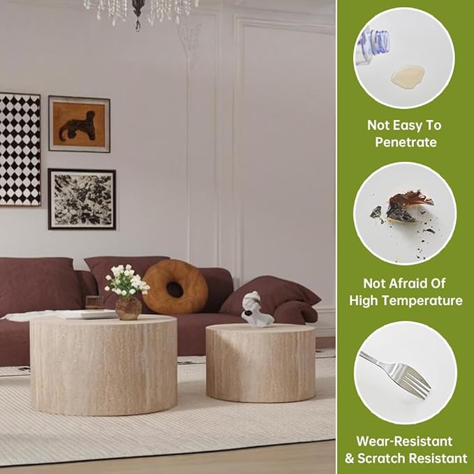 Round Nesting Coffee Tables Modern Travertine Coffee Table Small Round Coffee Tables Circular Side Table Accent End Table Nested Coffee Table Set for Living Room (Travertine Large)
