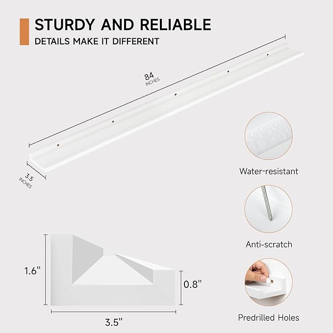 Floating Picture Ledge Shelves for Wall Set of 2, 84 Inches Picture Ledge Shelf with Long Large Nursery Book Shelf for Toys Storage Kids Bookshelf Wall Mounted Living Room Bedroom Decor Frames, White-NeatNest