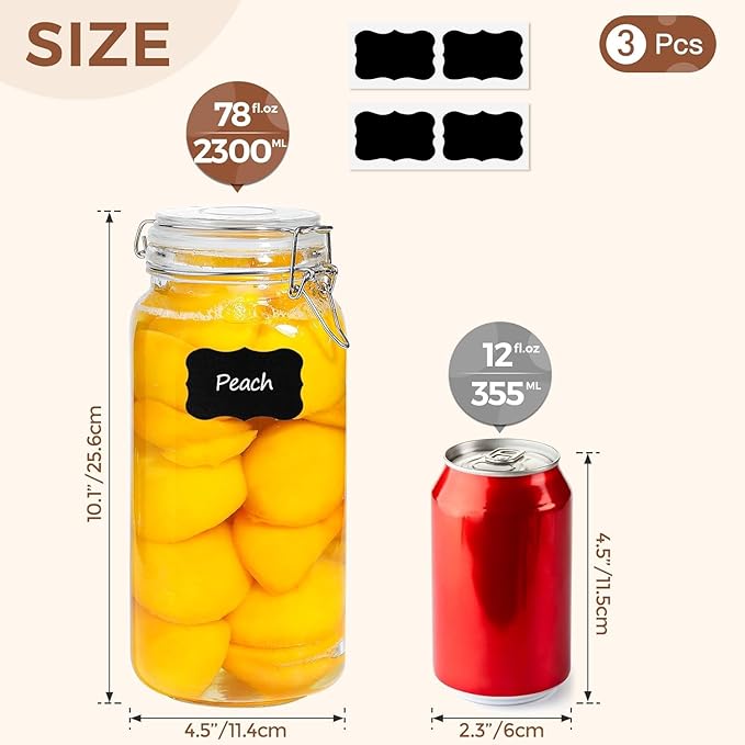 ComSaf Airtight Glass Canister Set of 3 with Lids 78oz Food Storage Jar Square - Storage Container with Clear Preserving Seal Wire Clip Fastening for Kitchen Canning Flour, Cereal, Pasta, Sugar, Beans-NeatNest