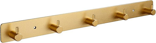 Adhesive Bathroom Gold Hook Rail, 5 Brushed Gold Wall Key Hooks Rack Hanger Towel Robe Stick Door Hooks for Bathroom Toilet Entryway Hallway Kitchen Wall Mounted