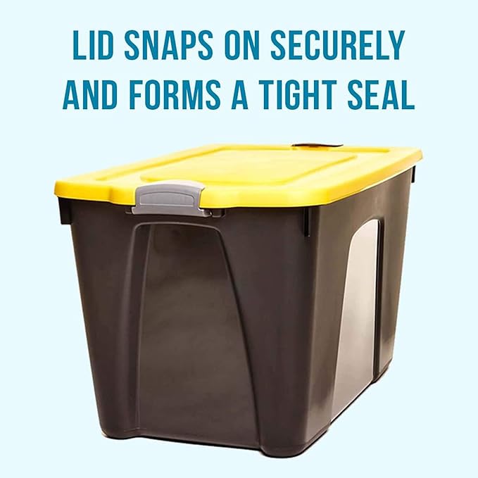HOMZ 18 Gallon Durabilt Storage Bins, Pack of 4 Heavy Duty Plastic Containers, Secure Snap Lids, Break and Blemish Resistant, Stackable, Nestable, Organizing Totes, Black/Yellow