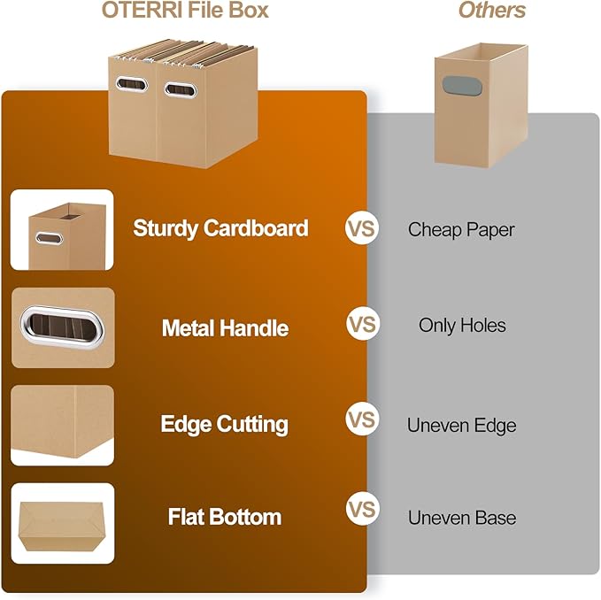 Oterri File Organizer, 2 Packs Small Storage Box, Cardboard File Folder Organizer, Collapsible File Box for Hanging File Folders Letter Size, Portable Filing Organizer with Handle (Brown)