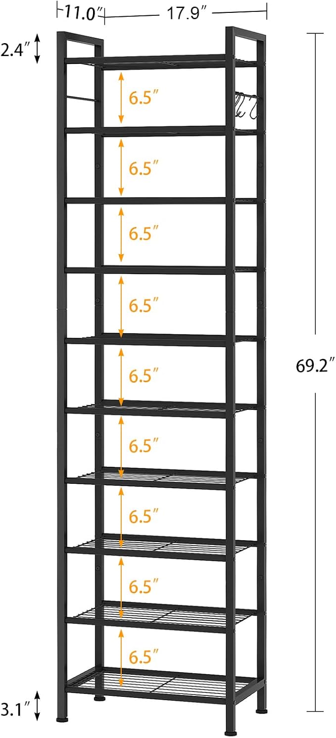 usikey 10 Tiers Narrow Shoe Rack 20-30 Pairs, Sturdy Metal Tall Shoe Rack Shelf with 4 Hooks, Slim Shoe Storage with Metal Shelf, Space Saving Vertical Shoe Organizer for Entryway, Closets, Black