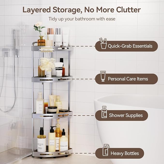 Corner Shower Caddy, 4 Tier Standing Shower Organizer with Soap Holder, Rustproof Stand Shower Shelves for Bathroom Shampoo Storage, Silver